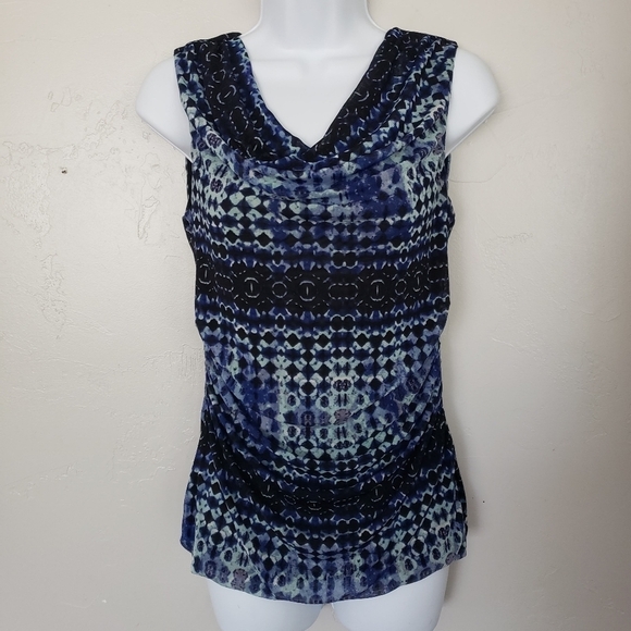 Cable & Gauge Small Blue & Black Pattern  Sleeveless Blouse Draped Front Dressy - Picture 1 of 8